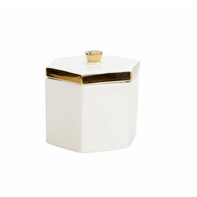 Vivience White Hexagon Shaped Box With Gold Flower Knob On Cover - Med