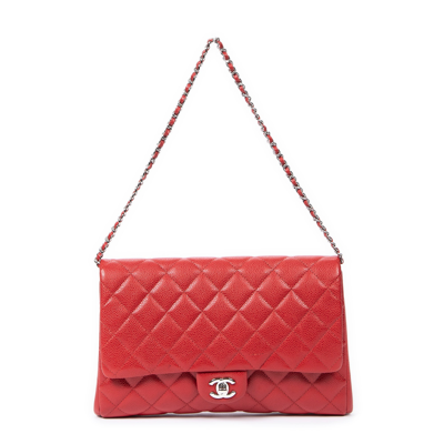 Pre-owned Chanel Caviar Shoulder Chain Flap In Red