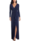 Betsy & Adam Cascade Ruffle Long Sleeve Stretch Jersey Gown In Blue