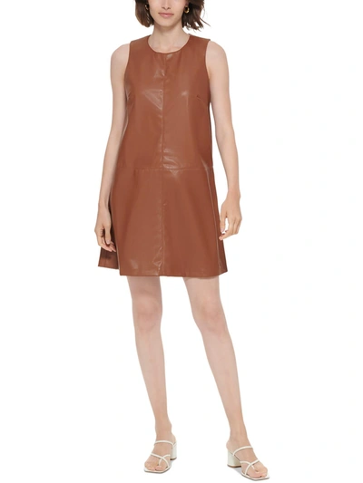 Calvin Klein Faux Leather Sleeveless Trapeze Dress In Brown