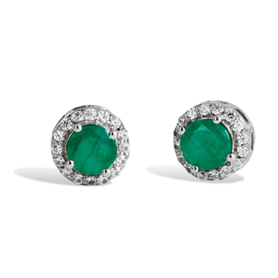 Savvy Cie Jewels Ss 925 1.30gtw Natural Emerald & White Zircon Stud Earrings In Silver