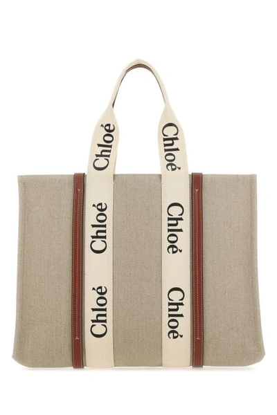 Chloé Woody Large Canvas And Leather Tote Bag In White Brown 1