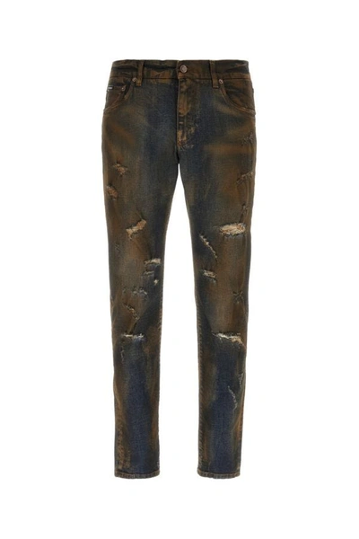 Dolce & Gabbana Man Two-tone Stretch Denim Jeans In Blue