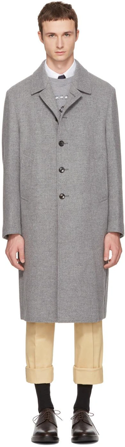 Thom Browne Center-back Stripe Unconstructed Relaxed Fit Bal Collar Overcoat In Grey