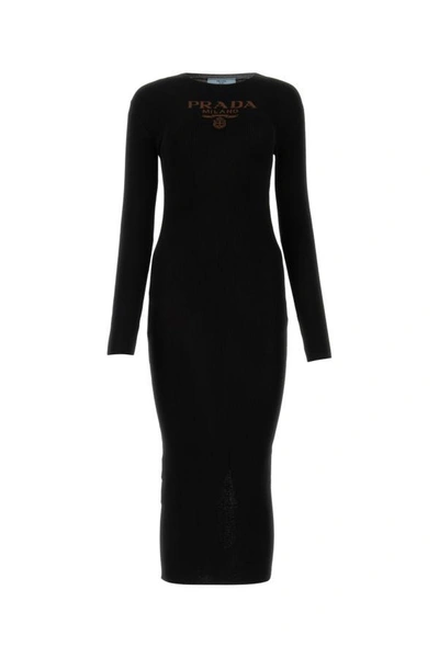 Prada Logo-print Silk Midi Dress In Black