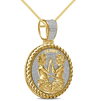 Pre-owned Zodiac Genuine 1.50 Cwt. Vvs/1 Moissanite  Sign Gemini Twins Charm Pendant +chain In Yellow Gold Finish