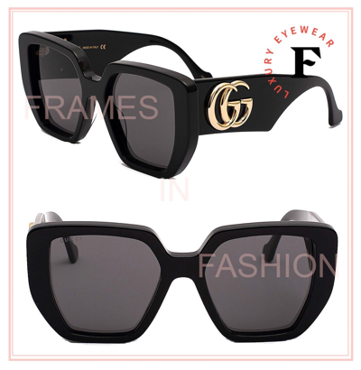 Pre-owned Gucci 0956 Black 003 Gg Gold Logo Chunky Sunglasses Gg0956s Women Authentic In Gray