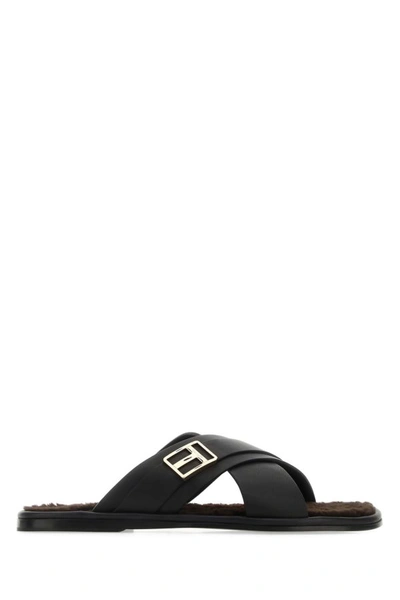 Tom Ford Man Black Leather Slippers In Marrone