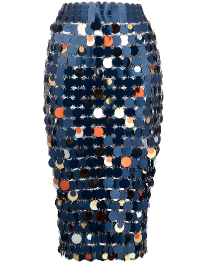 Rabanne Paillette-embellished Midi Skirt In Navy And Bright Orange