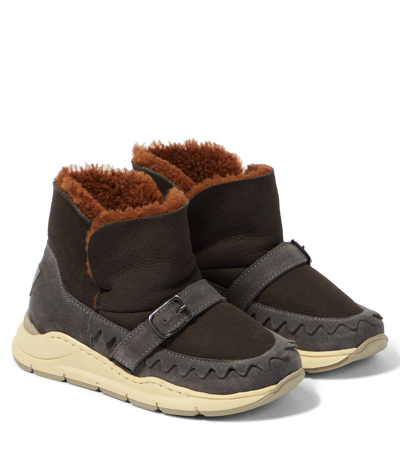 Pèpè Kids' Shearling-lined Suede Boots In Grey