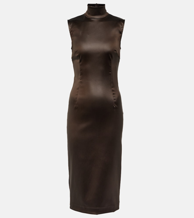 Dolce & Gabbana High-neck Satin Midi Dress In Brown