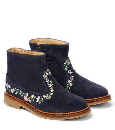Pom D'api Kids' Sister Brodi Embroidered Suede Boots In Navy Blue