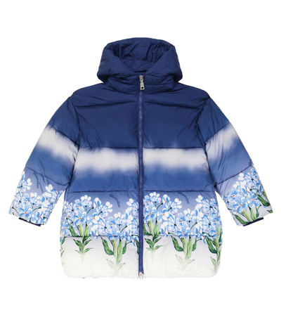 Monnalisa Kids' Printed Hooded Nylon Puffer Coat In Blue