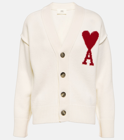 Ami Alexandre Mattiussi White Wool Ami De Coeur Cardigan In Off-white/red/154