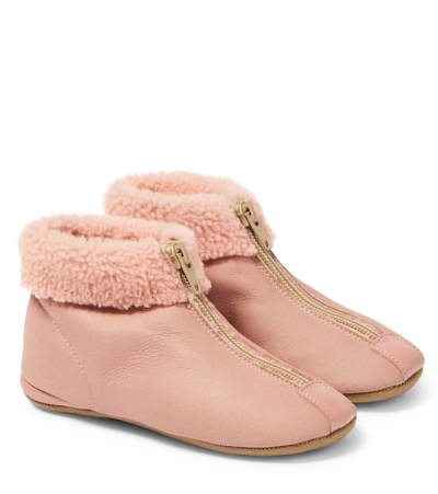 Pèpè Kids' Shearling-trimmed Leather Booties In Pink