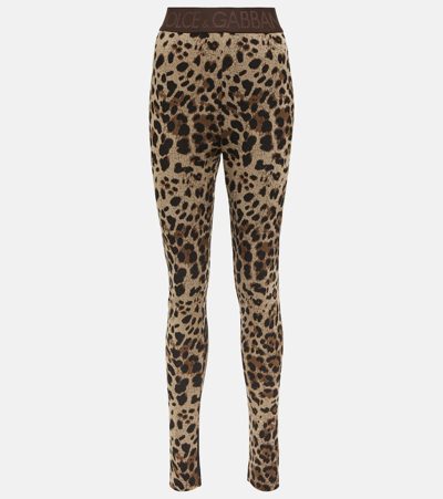 Dolce & Gabbana Logo-waistband Leopard-print Leggings In Neutrals