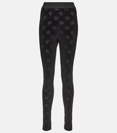 Dolce & Gabbana Logo High-rise Cotton Velvet Leggings In Black