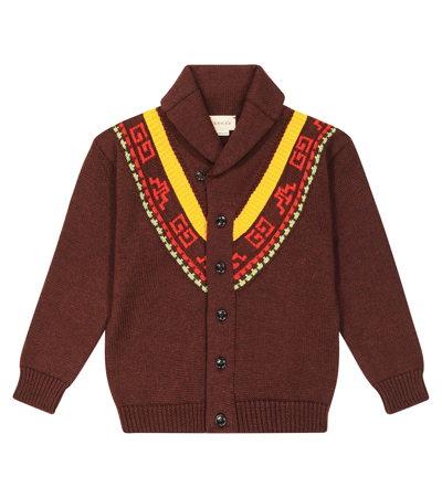 Gucci Kids' Interlocking G Intarsia Wool Cardigan In Brown