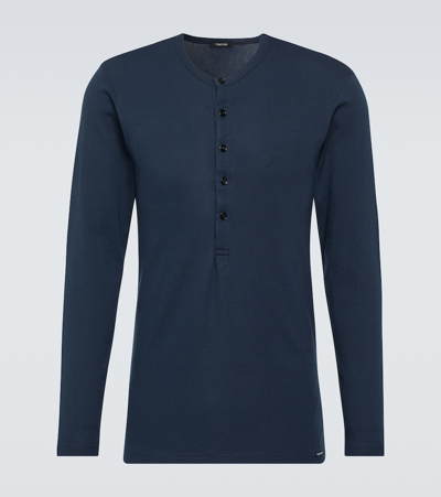 Tom Ford Henley Cotton-blend Jersey Top In Blue