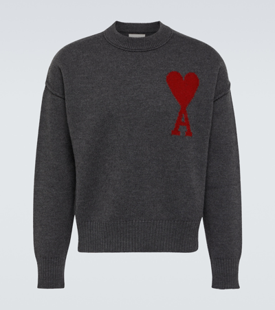 Ami Alexandre Mattiussi Ami De Caur Crewneck Sweater In Heather_grey_red