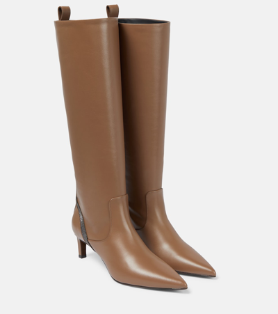 Brunello Cucinelli Leather Monili Kitten-heel Knee Boots In Brown