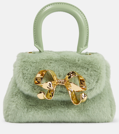 Self-portrait The Bow Micro Faux Shearling Tote Bag In Green