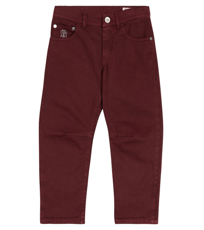 Brunello Cucinelli Kids' Logo刺绣直筒牛仔裤 In Red