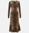 Dolce & Gabbana Leopard Print Long Sleeve Cady Midi Dress In Multicoloured