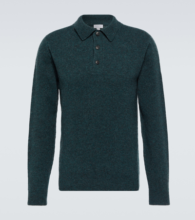 Sunspel Lambswool Long-sleeved Polo Shirt In Blue