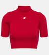 Courrèges Shoulder Snaps Rib Knit Cropped Sweater Top In White