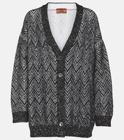 Missoni Chevron Paillette Knit Maxi-cardigan In White,black