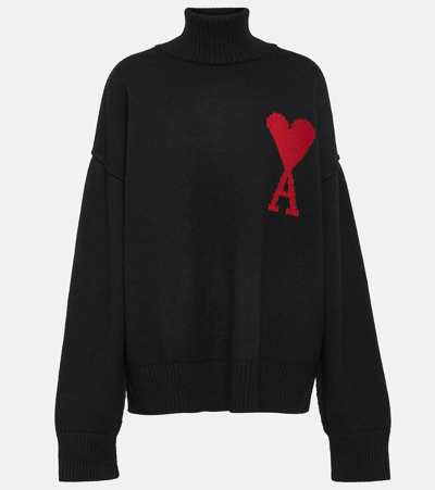Ami Alexandre Mattiussi Ami Paris Funnel-neck Sweater With Heart Intarsia Design In Black