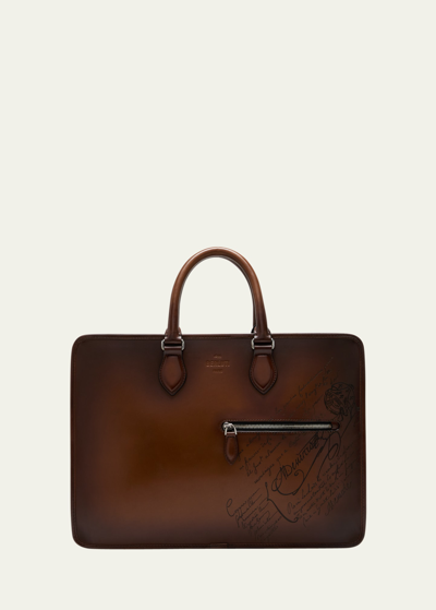 Berluti Men's Deux Jours Scritto Swipe Leather Briefcase In Brown