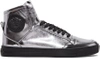 Versace Men's Metallic Leather High-top Sneakers, Silver In Gunmetal