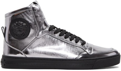 Versace Men's Metallic Leather High-top Sneakers, Silver In Gunmetal