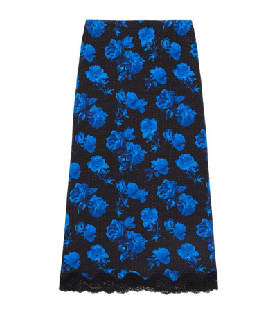 The Kooples Silk Floral Midi Skirt In Black/ Blue