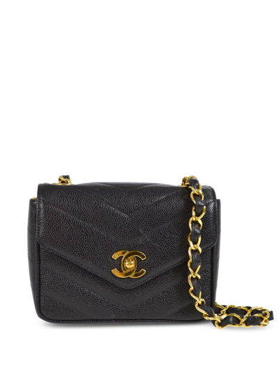Pre-owned Chanel 1995 Chevron Quilt Mini Classic Flap Shoulder Bag In Black