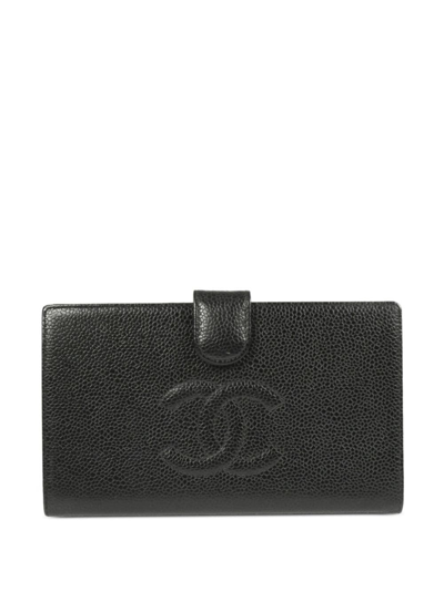 Pre-owned Chanel 2005 Cc Stitch Long Bi-fold Wallet In Black