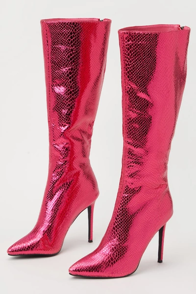 Billini Edelin Raspberry Snake-embossed Pointed-toe Knee-high High Heel Boots In Pink