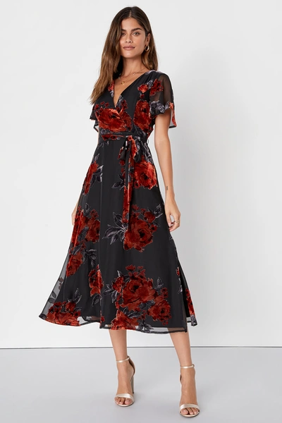 Lulus Sweetest Impression Black Floral Velvet Tie-front Midi Dress