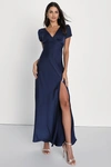 Lulus Epitome Of Romance Navy Blue Satin Puff Sleeve Maxi Dress In Navy Blue