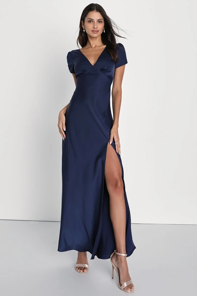 Lulus Epitome Of Romance Navy Blue Satin Puff Sleeve Maxi Dress