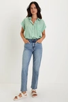 Lulus Olsen Distressed Light Wash High Rise Straight Leg Jeans In Blue