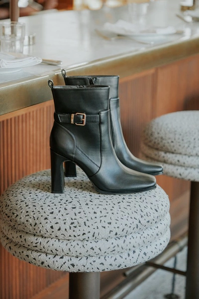 Lulus Audreyy Black Square Toe Buckle High Heel Ankle Boots