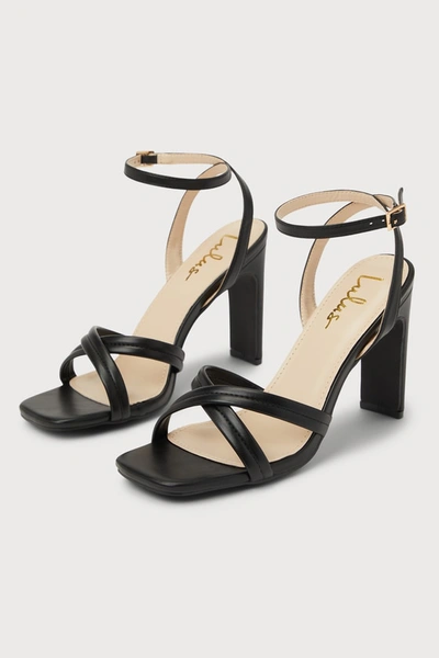 Lulus Milanii Black Square Toe Ankle Strap High Heel Sandal Heels