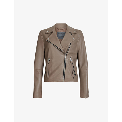 Allsaints Womens Stone Grey Dalby Leather Biker Jacket In Stone Grey