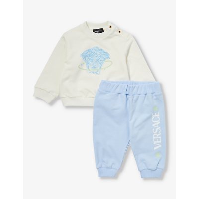 Versace Logo-print Stretch-cotton Tracksuit Set 3-18 Months In White+baby Blue