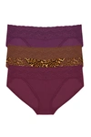 Natori Bliss Perfection One-size V-kini 3 Pack Panty In Deep Plum/jaguar Print/taro