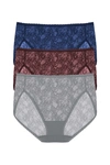 Natori Bliss Allure One-size Lace French Cut Brief 3-pack Panty In Indigo/vino/stormy