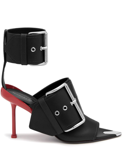 Alexander Mcqueen Buckle-strap Leather Sandals In Black/silver/blood Red